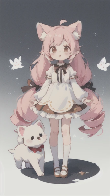 Droopy white dog ears 　 drill twin tail　 cuteデザイン,  the most beautiful girl I've ever seen、 deformed　 plain background　 1 girl, drill twin tail,  light pink hair　Droopy white dog ears , 縦巻き fluffy浮いてる　cute white and brown dress　Put a brown ribbon on your h...