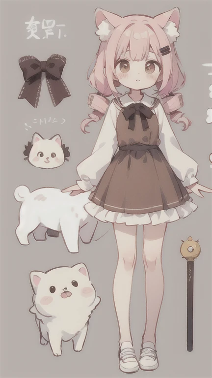  drill twin tail　Droopy white dog ears   cuteデザイン,  the most beautiful girl I've ever seen、 deformed　 plain background　 1 girl, drill twin tail,  light pink hair　Droopy white dog ears , 縦巻き fluffy浮いてる　cute white and brown dress　Put a brown ribbon on your h...