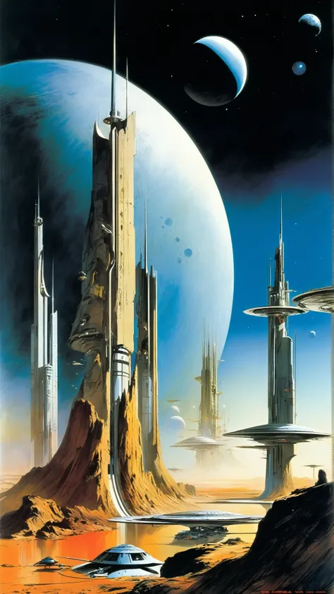 Sleek, elegant architecture on the moon, fantasy painting in the style of John Berkey and Roger Dean, 1970s sci-fi book cover.