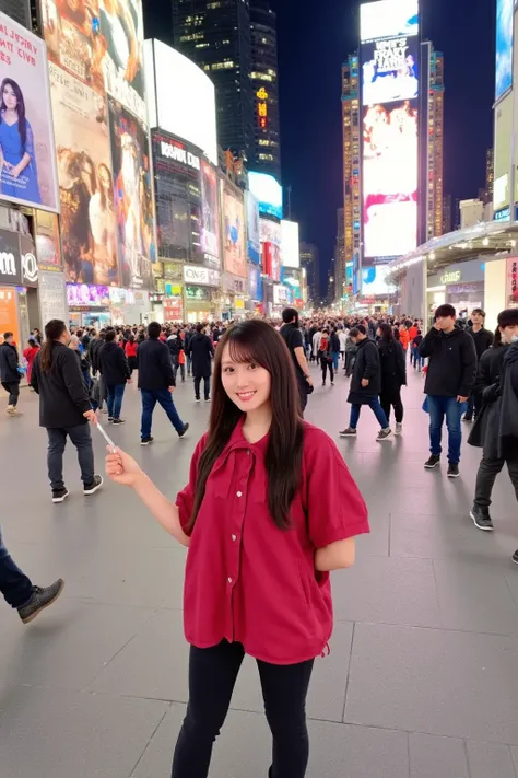 "A young woman with long brown hair, wearing a stylish red coat and black boots, standing in the middle of Times Square, New York City. Neon lights, billboards, and a bustling crowd surround her as she takes a selfie with a joyful smile."
