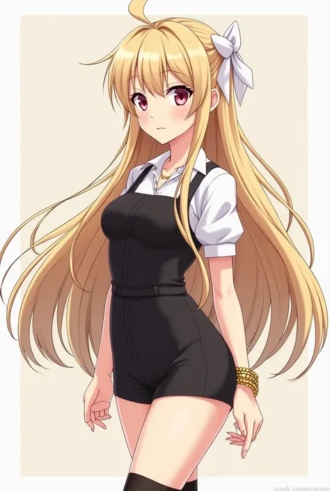 Anime girl, with an hourglass/pear bodyshape and long butt-lenght light-blonde hair that cascades down her back till her butt with two pieces of hair on the front of her chest on each side, her fluffy ,slightly spiked outwards and upwards beside her head, ...