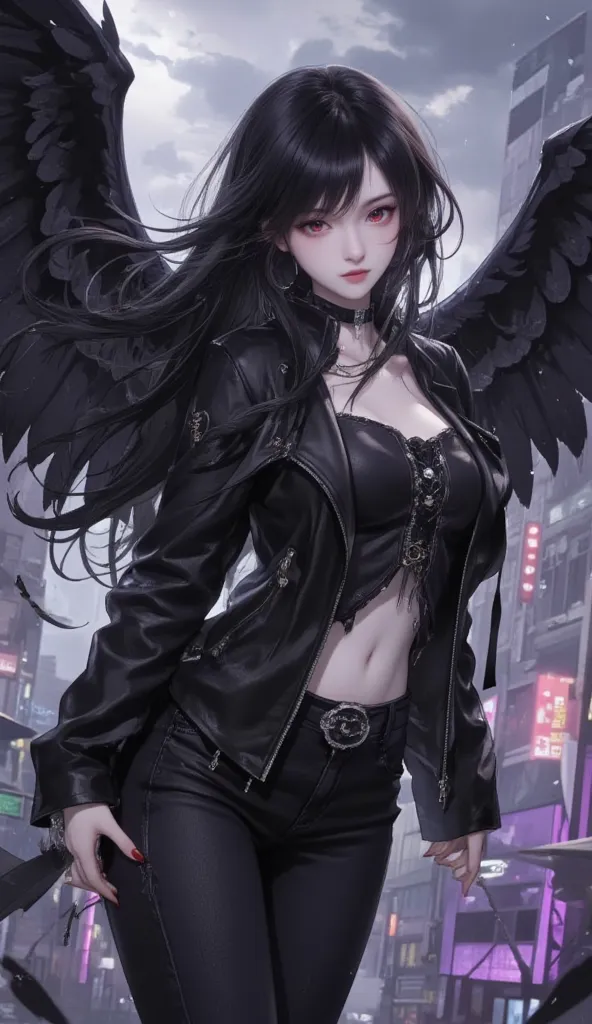 female angel. She has long, flowing black hair, glowing red eyes, and large black feathered wings with ragged edges. She wears casual modern clothing, such as a black leather jacket, dark jeans, and a stylish top, with silver accessories. Her expression is...