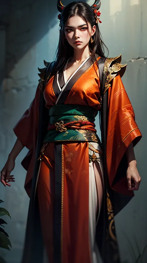  A realistic masterpiece digital painting ，Shows a mysterious female warrior ， with beautiful, glowing orange eyes ， standing in a dramatic pose 。 This female warrior has strong and fearless eyes，Dressed in a shabby red kimono 。