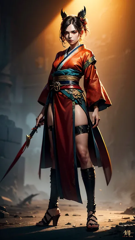  A realistic masterpiece digital painting ，Shows a mysterious female warrior ， with beautiful, glowing orange eyes ， standing in a dramatic pose 。 This female warrior has strong and fearless eyes，Dressed in a shabby red kimono 。