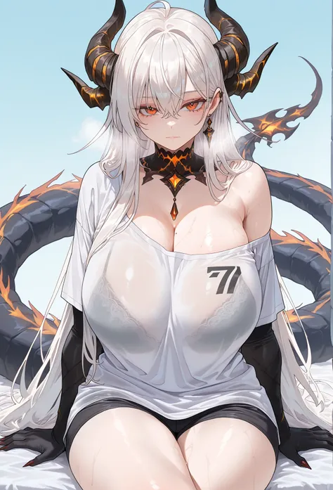 (masterpiece, high resolution, 2k resolution, best quality), (1girl, perfect anatomy, perfect face), ((white hair), long hair), (orange eyes, perfect eyes), white shirt, oversized shirt, loose, black shorts), Narrow shoulders, ((sitting), (expressionless, ...