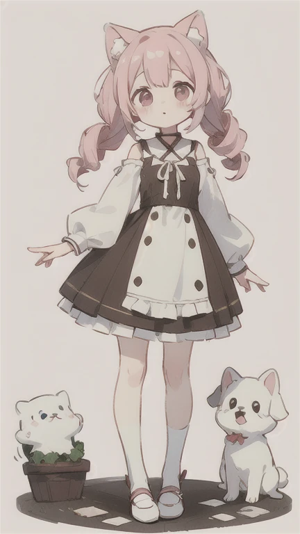 高めの drill twin tail　Droopy white dog ears   cuteデザイン,  the most beautiful girl I've ever seen、 deformed　pink eyes 　 plain background　 1 girl, drill twin tail,  light pink hair　Droopy white dog ears , 縦巻き fluffy浮いてる　cute white and brown dress　Put a brown ri...