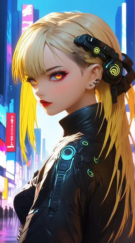 fille d'anime en tenue noire jaune et rouge futuriste, art cyberpunk par Yang J, tendance sur cg society, art gothique, anime cyberpunk moderne, anime cyberpunk, art cyberpunk animé, cyberpunk anime girl, Fille Cyberpunk Anime féminine, anime cyberpunk, Di...