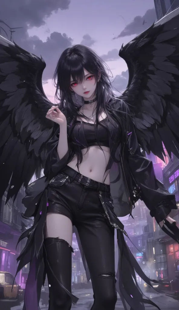 female angel. She has long, flowing black hair, glowing red eyes, and large black feathered wings with ragged edges. She wears casual modern clothing, such as a black leather jacket, dark jeans, and a stylish top, with silver accessories. Her expression is...