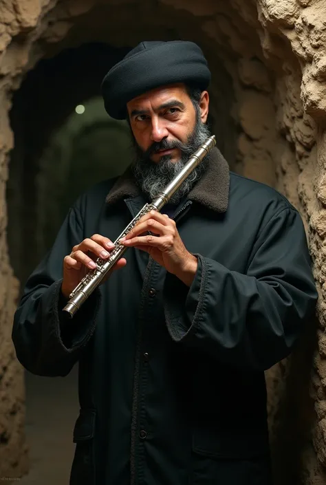 A picture of Mr. Hassan Nasrallah, the leader of Hezbollah, holding a flute and playing it underground
