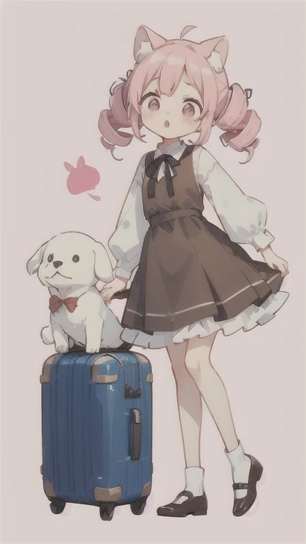 高めの drill twin tail　Droopy white dog ears   cuteデザイン,  The most beautiful girl I've ever seen 、 deformed　pink eyes 　 plain background　 1 girl, drill twin tail,  light pink hair　Droopy white dog ears , 縦巻き fluffy浮いてる　cute white and brown dress　Put a brown r...