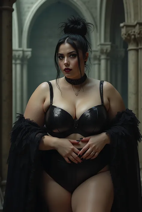 tall bbw woman, vampire, goth makeup, black shiny panties, black shiny bra, tied black hair bun, brown eyes, black choker, black nails, sexy look, black winged eyeliner, eyeshadow, black lipstick, round face, thick, busty, wide hips, dip hips, bigger butt,...