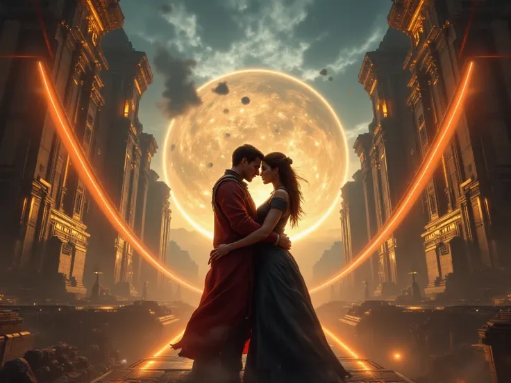 {{A ((romantic and timeless)) depiction of {((two lovers from different historical eras embracing as time dissolves around them))}}} with {((soft glowing time portals, fragments of ancient and futuristic cities merging in the background))}. This is a {((hi...