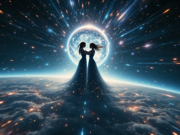 {{A ((surreal and ethereal)) depiction of {((two celestial beings locked in an embrace, their forms blending into galaxies and nebulae))}}} with {((stars and cosmic dust swirling around them, symbolizing love transcending dimensions))}. This is a {((surrea...