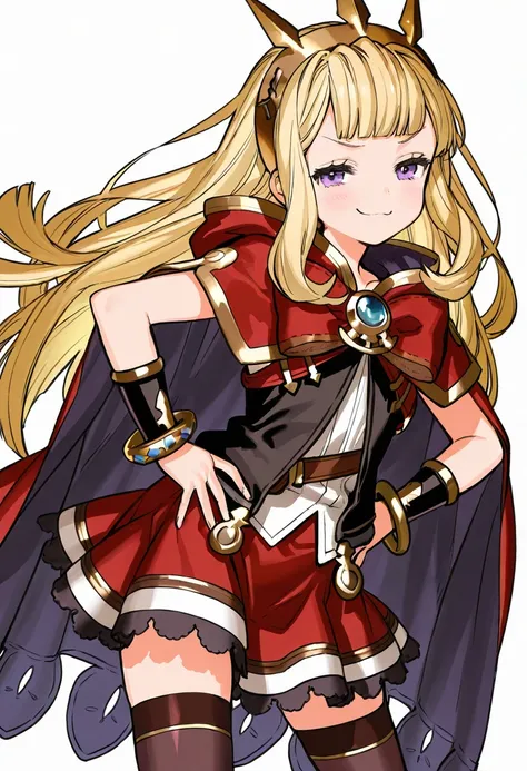 ((by wada arco)), by chocoan, Cagliostro (granblue fantasy), granblue fantasy, 1girl, blonde hair, blunt bangs, purple eyes, hairband, white shirt, sleeveless shirt, black vest, red cape, red skirt, bracer, bracelet, thighhighs, standing, smug, contrappost...