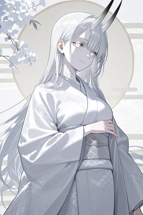  beautiful adult woman .  white long hair. White eyes.  Very pale skin. thoughtful face. White straight horns. White kimono with silver wood pattern. 