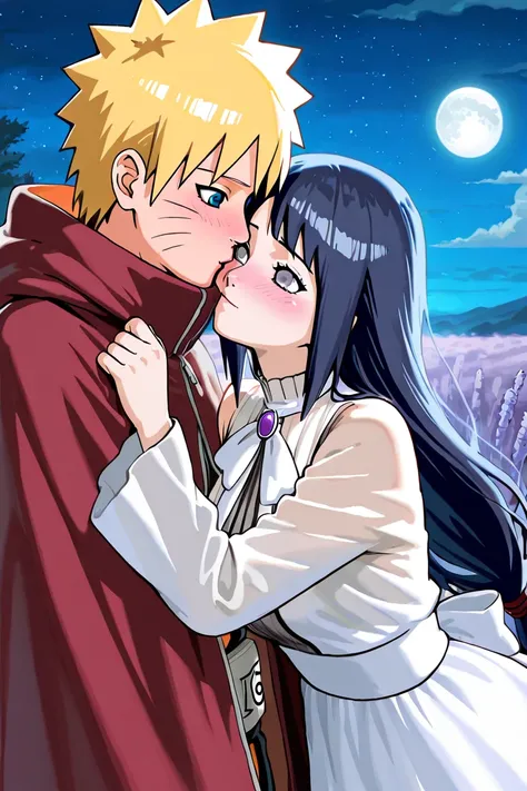 1boy, 1girl, masterpiece, newest, absurdres, safe, Naruto Uzumaki and Hinata Hyuga from Naruto (created by Masashi Kishimoto), standing together under the moonlight, Hinata gently kissing Naruto on the cheek, Naruto wearing his Hokage cloak with blonde spi...