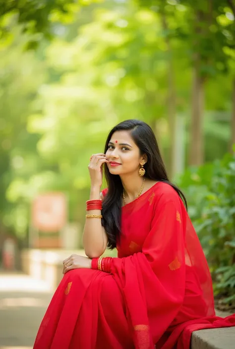 A graceful woman dressed in a vibrant red saree with a matching blouse sits elegantly on a low wall in an outdoor setting surrounded by lush greenery. She wears traditional gold earrings, red bangles, and a small red bindi, adding to her classic Indian loo...