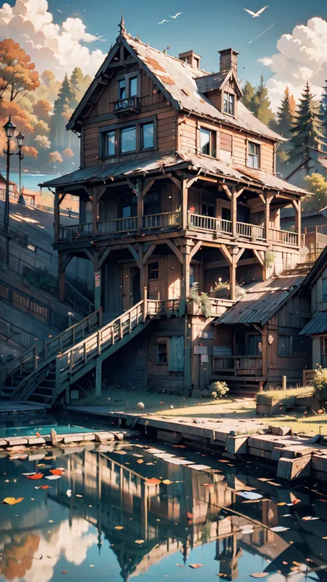 Abandoned house by the lake,landscape, water, ( 8K Wallpaper with Extremely Detailed CG Units ),  World's Most Beautiful Artwork , Magnificent Oil Paint Professional,  complicated,  high detail,  sharp concentration,   Dramatic Photorealistic Painting Art