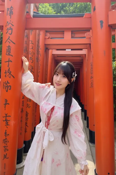 A young woman wearing a traditional kimono with floral patterns walks through the vibrant red torii gates of Fushimi Inari Shrine in Kyoto. Sunlight filters through the gaps, creating a mystical atmosphere. She gently touches one of the torii gates while a...