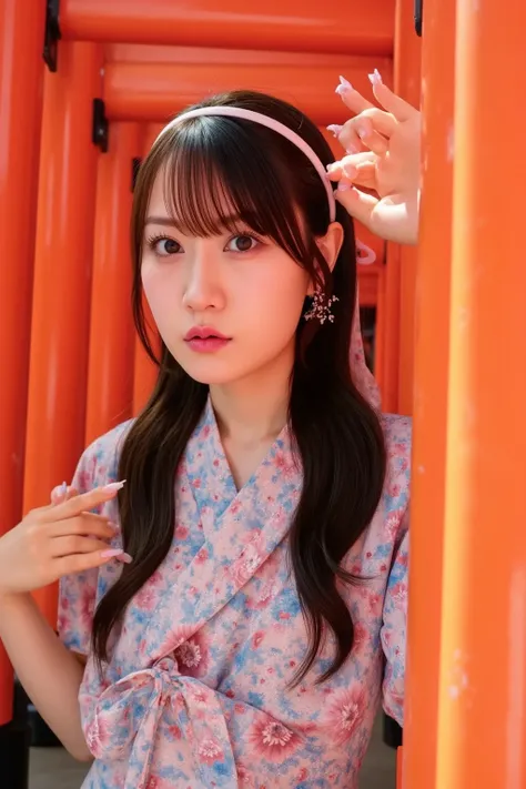 A young woman wearing a traditional kimono with floral patterns walks through the vibrant red torii gates of Fushimi Inari Shrine in Kyoto. Sunlight filters through the gaps, creating a mystical atmosphere. She gently touches one of the torii gates while a...