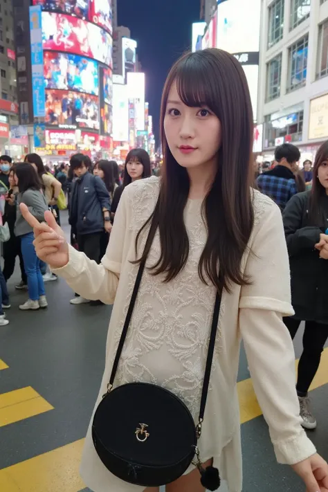 A stylish young woman in a modern outfit, wearing sunglasses and a trendy handbag, walks confidently across the famous Shibuya Scramble Crossing in Tokyo. Neon lights and billboards illuminate the bustling cityscape as crowds move dynamically around her.
