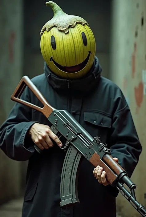 Terrorist wearing AK-47 with a smiling jiló's head