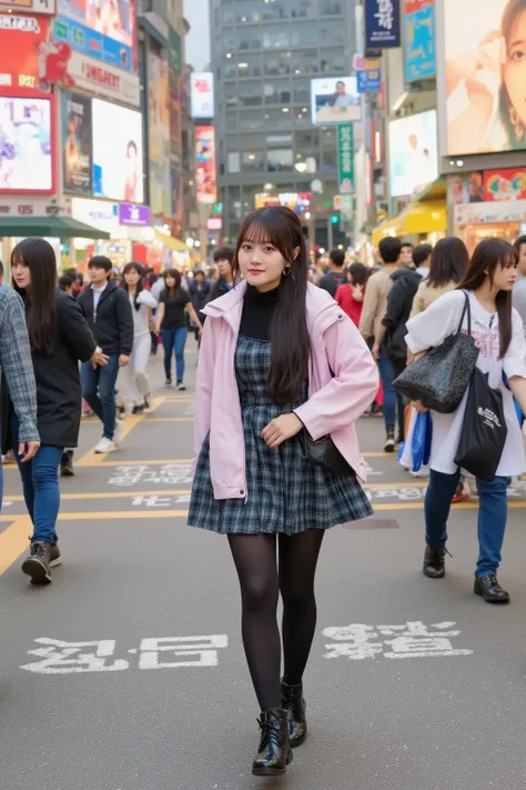 A stylish young woman in a modern outfit, wearing sunglasses and a trendy handbag, walks confidently across the famous Shibuya Scramble Crossing in Tokyo. Neon lights and billboards illuminate the bustling cityscape as crowds move dynamically around her.
