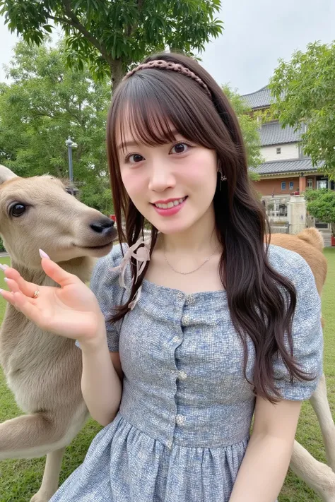 A cheerful young woman in a casual dress kneels down to feed a friendly deer at Nara Park. The deer curiously nibbles at a cracker in her hand, while the ancient Todai-ji temple is visible in the background.
