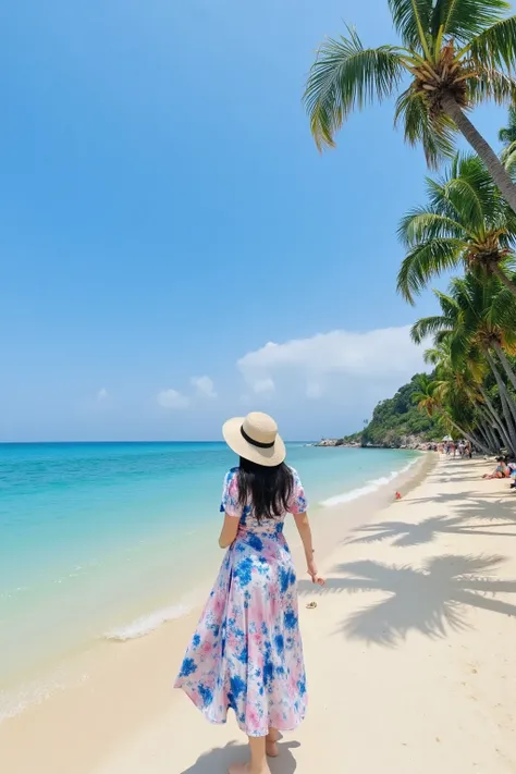 A woman in a flowing summer dress and a wide-brimmed hat stands on a pristine white-sand beach in Okinawa, gazing at the crystal-clear turquoise sea. The waves gently lap at the shore, and palm trees sway in the breeze under a bright blue sky.
