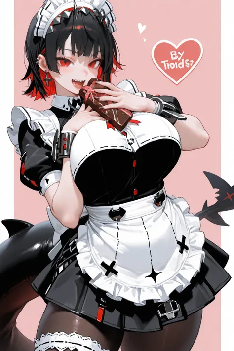 Ellen Joe、 black hair、 Colored Hair 、 multicolor hair、 red eyes、赤い髪、 short hair、 two-tone hair 、 apron、黒い pantyhose、黒い shirt、黒い skirt by humili、耳Earrings、Fins、魚のTail、Maid、Maid  apron、Maidの頭飾り、 pantyhose、Earrings、ふくらんだShort sleeve、 puffy sleeves、Shark Girl ...