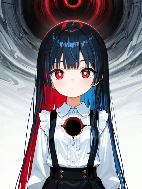 1girl, multicolored hair, black hair, blue hair, red hair, long hair, straight hair, red eyes, bright pupils, small breasts, frilled shirt, collared shirt, suspender skirt, age, [[loli]], upper body, amptee, hole in body, 