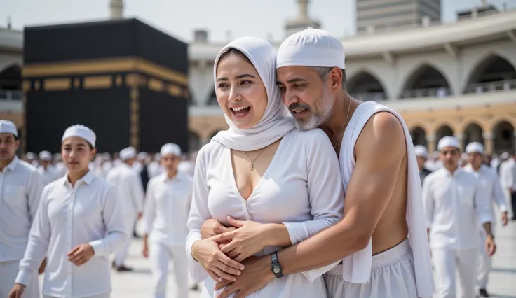 a malay woman in white hijab, all white clothes, loose clothes, visible cleavage, big breasts, sad expression crying screaming in pain, from behind there is an old Indonesian man in white turban shirtless with ihram cloth for umrah hanging on his shoulder ...