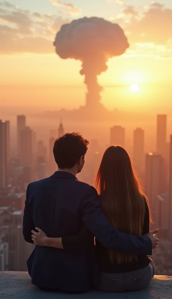 A couple in love sits hugged on the edge of a skyscraper roof with an observation deck and enjoy the view of the morning city. Back view of the couple. And on the horizon, far ahead, you can see a growing mushroom from a nuclear explosion.