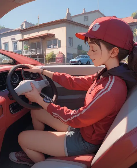 girl driving a red convertible、The car doesn't have a roof、I'm riding a bike 