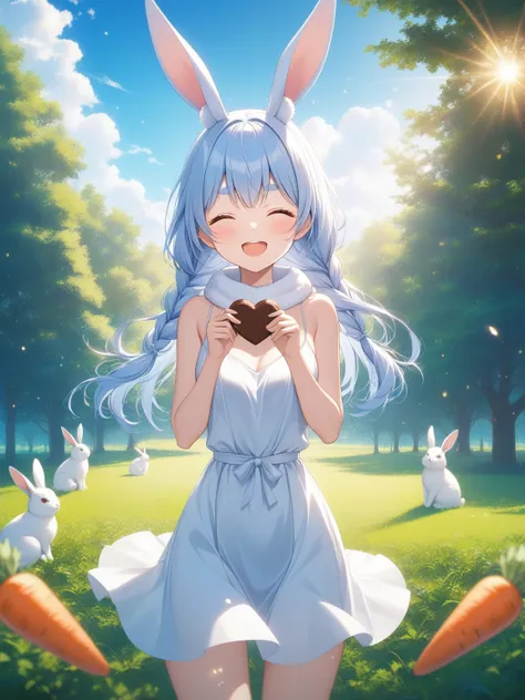 1 girl,age 15,orange eyes,(round eyebrows),laughing with closed eyes,
a carrot is stuck into the middle of her long light blue and white braided hair,

A champagne silk satin slip dress with a cowl neck and a bias cut skirt,

holding the chocolate carefully in both hands,

,facing viewer,

BREAK,
back view of a cute white rabbit,

BREAK,
playing in the carrot patch in the park,
grassy field in background,
(environment:1.2) lush greenery,
vibrant trees,
soft sunlight,
colorful landscape,

BREAK,
bokeh photography,
soft focus,
gentle lighting,
out-of-focus highlights,
dreamy ambiance,
glowing circles,
mesmerizing depth,
(style: anime),
(digital art),
(photorealistic),
center frame,from front,