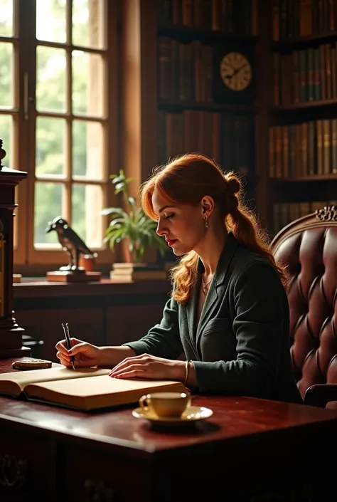 A peaceful scene of Rowling sitting in a study, writing in a notebook with a cup of tea beside her. Sunlight streams through the window.