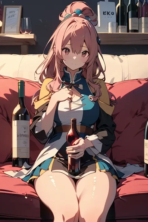 1girl, aqua (aqua (konosuba), 
wine bottle, 
((4k,8k,Ultra HD)),((Masterpiece :1.2)),((Best quality :1.2)),((Detailed :1.5)),((Detailed background :1.5)),sitting, holding bottle, holding wine bottle, on couch, drinking, looking at viewer, messy, wine leaki...