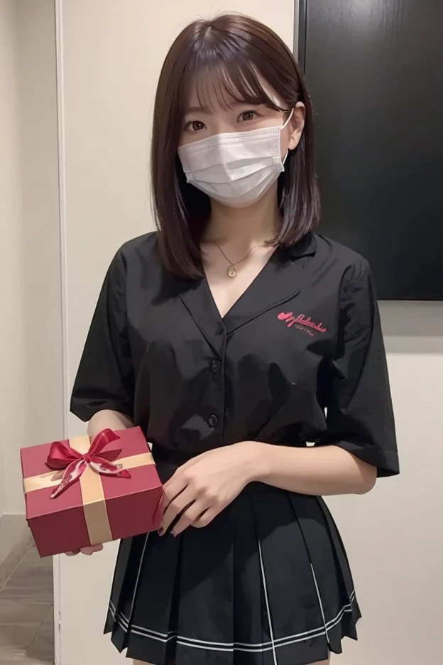  valentine　 hotel　 bed　 high image quality　Not too small bust　Shorten your skirt　 added　Beautiful Hair　Height: 166cm 　 hairstyle is semi-long　Holding a box with ribbons in both hands　Improve image quality　smile　 is wearing a mask
