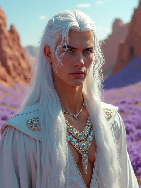 A 22 years old handsome man with sharp blue eyes, a pointed and prominent nose, high cheekbones, and a slender, angular jawline. He has long thick white hair flowing down his shoulders. He is wearing a white tunic adorned with crystals. The background feat...