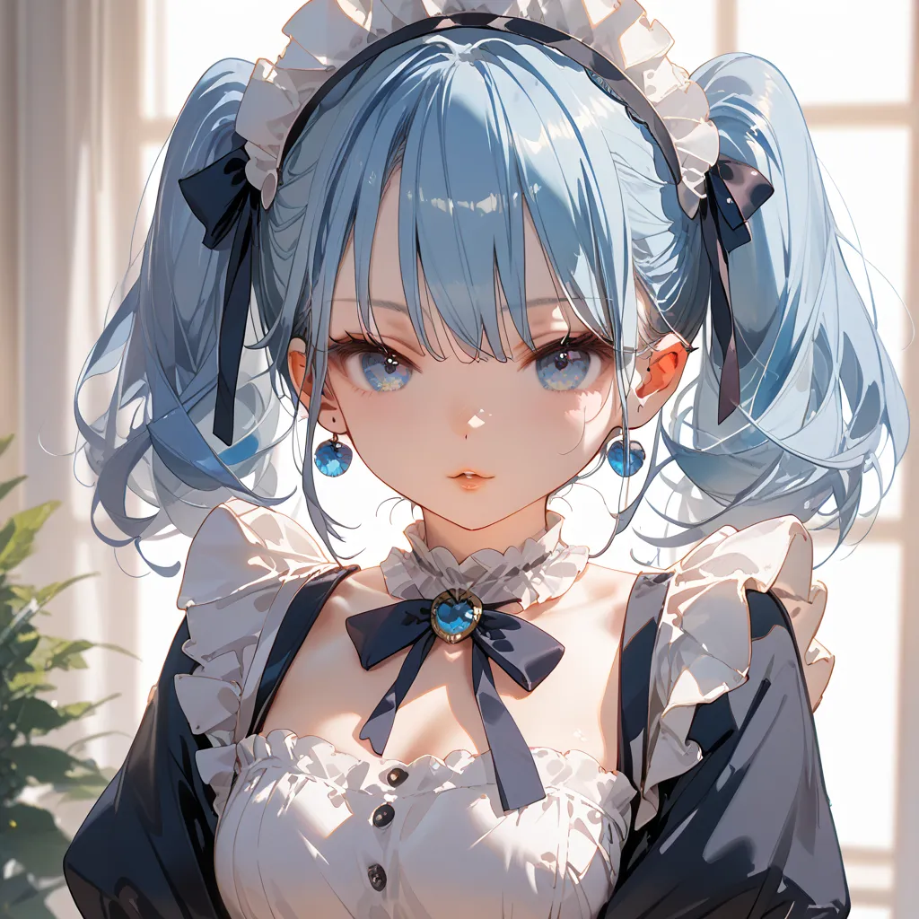  1 girl、Maid、 is standing、Blue hair and eyes 