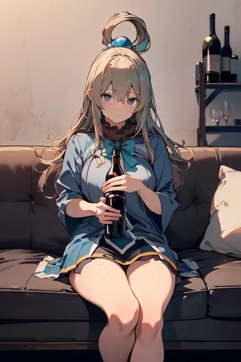 1girl, aqua (aqua (konosuba), 
wine bottle, 
((4k,8k,Ultra HD)),((Masterpiece :1.2)),((Best quality :1.2)),((Detailed :1.5)),((Detailed background :1.5)),sitting, holding bottle, holding wine bottle, on couch, drinking, looking at viewer, messy, wine leaki...