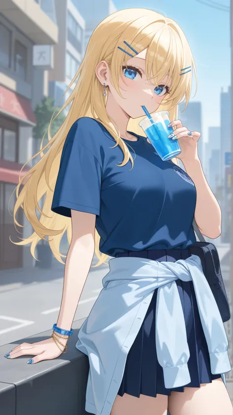  one girl, golden hair, blue eyes,Blue hairpin,I have a blue drink, long hair,F cup breasts, white shirt,blue shirt around waist, Navy Blue Pleated Skirt,Nail Art, Hi-Res,Bright summer time,City, Japanese illustration style, masterpiece, top quality