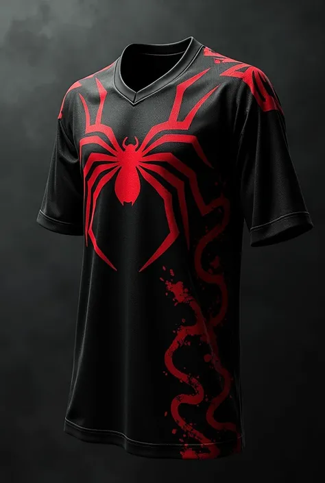 A black jersey from the third , with a red spider climbing with its claws up the side with the gang number on the chest with a font that matches the spider 