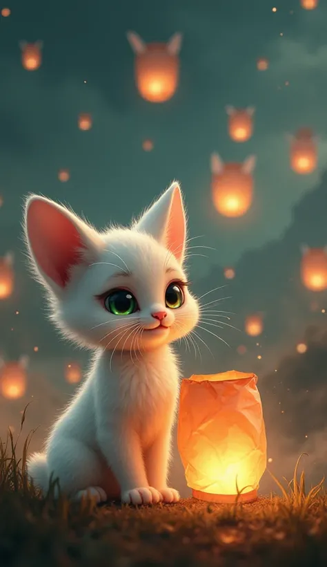 Character Detailing:

Lucy : A tiny white kitten (about 8 inches tall), soft and fluffy like cotton candy, big sparkling emerald-green eyes, pink nose, and delicate whiskers. Her green eyes sparkle with joy as she releases her lantern into the sky.
Solen (...