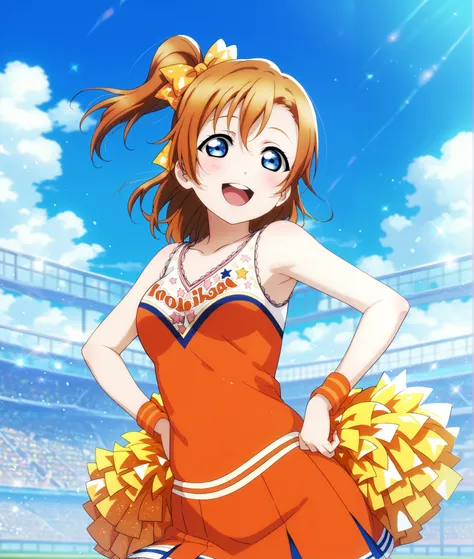 (Masterpiece, Best Quality, High Quality), anime style, love live,kousaka honoka , kousaka honoka,id_honoka_kosaka,love live, blue eyes, 8k wallpaper, cheerleader, happy