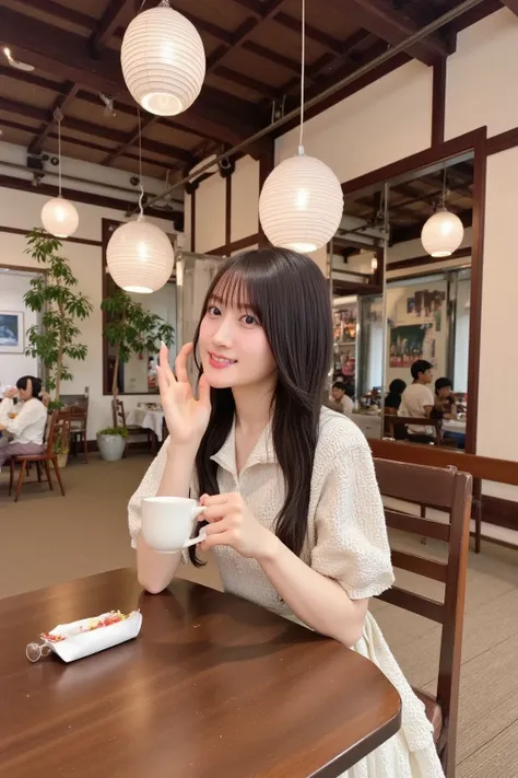 A woman in an elegant dress sits at a wooden table in a traditional Korean hanok café, sipping on a cup of Korean tea. The warm interior, decorated with paper lanterns and wooden beams, creates a cozy and cultural ambiance as she relaxes and enjoys the mom...