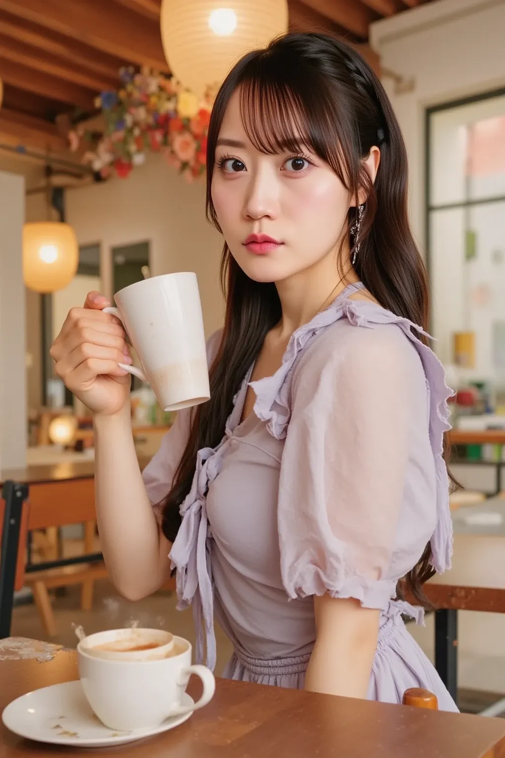 A woman in an elegant dress sits at a wooden table in a traditional Korean hanok café, sipping on a cup of Korean tea. The warm interior, decorated with paper lanterns and wooden beams, creates a cozy and cultural ambiance as she relaxes and enjoys the mom...