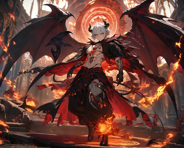 Alone, Demon boy,  black demon horns, (thick black demon tail and impressive demon wings),  white short hair, orange eyes,  muscular,  demonic tattoos, Harem pants , Amulet with red crystal, dark magic robe ,  black boots ,  closed mouth, Fire magic with m...