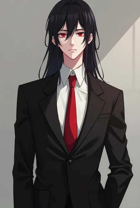 Anime photo of a man evening dress, black hair, long hair, red eyes, not much muscle, 1 person wearing a tie