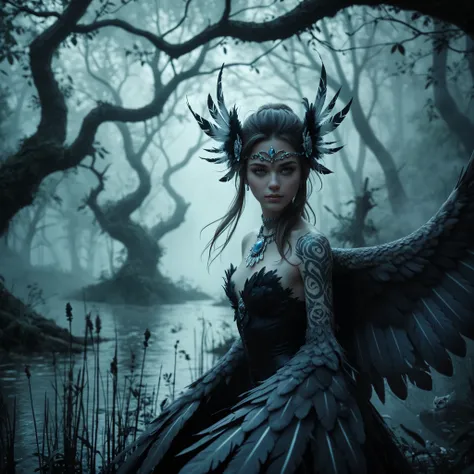 score_9_ upwards, score_8_ upwards, score_7_ upwards, Abstract, 1 girl, One, Age 25 , PERFECT FACE IN DETAILS, swamp in the forest there is a woman with feathers in her hair, topless, ( bare chest covered with feathers), thin facial features , thin b...